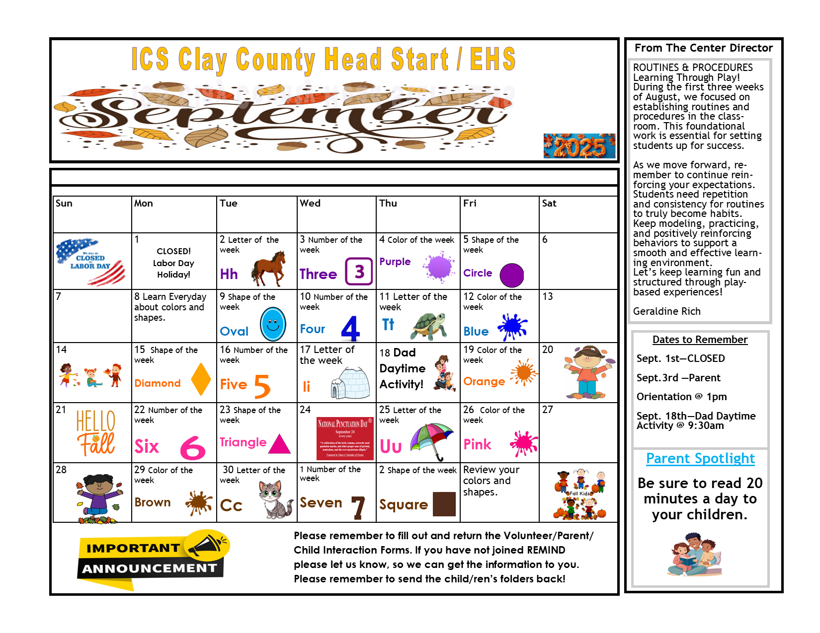 BONNER, SEPTEMBER NEWSLETTER